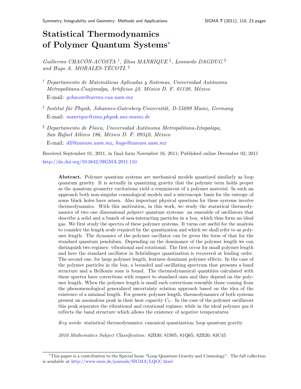 Statistical Thermodynamics of Polymer Quantum Systems⋆