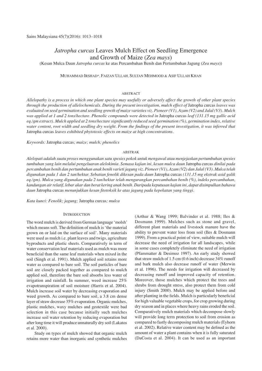 Jatropha Curcas Leaves Mulch Effect on Seedling Emergence And