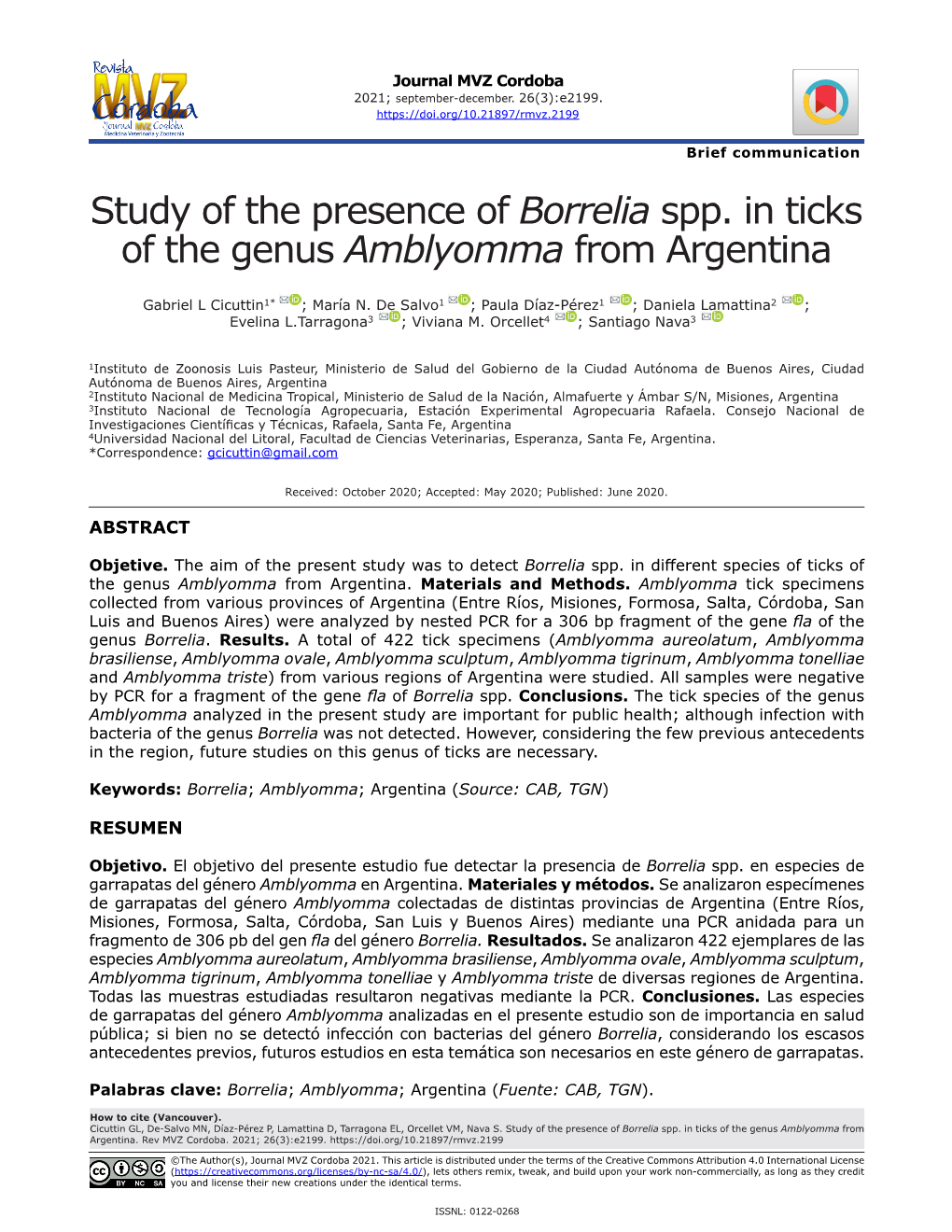 Study of the Presence of Borrelia Spp. in Ticks of the Genus Amblyomma from Argentina