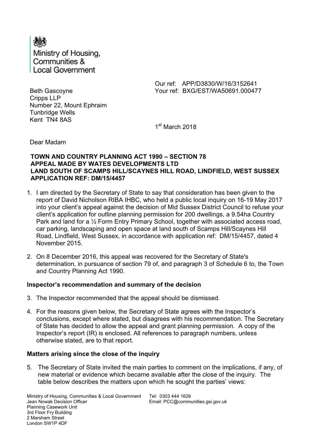 Land South of Scamps Hill/Scaynes Hill Road, Lindfield, West Sussex Application Ref: Dm/15/4457