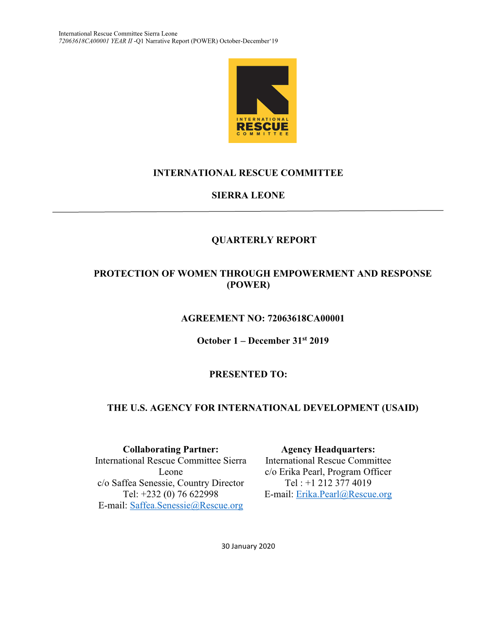 International Rescue Committee Sierra Leone 72063618CA00001 YEAR II -Q1 Narrative Report (POWER) October-December‘19