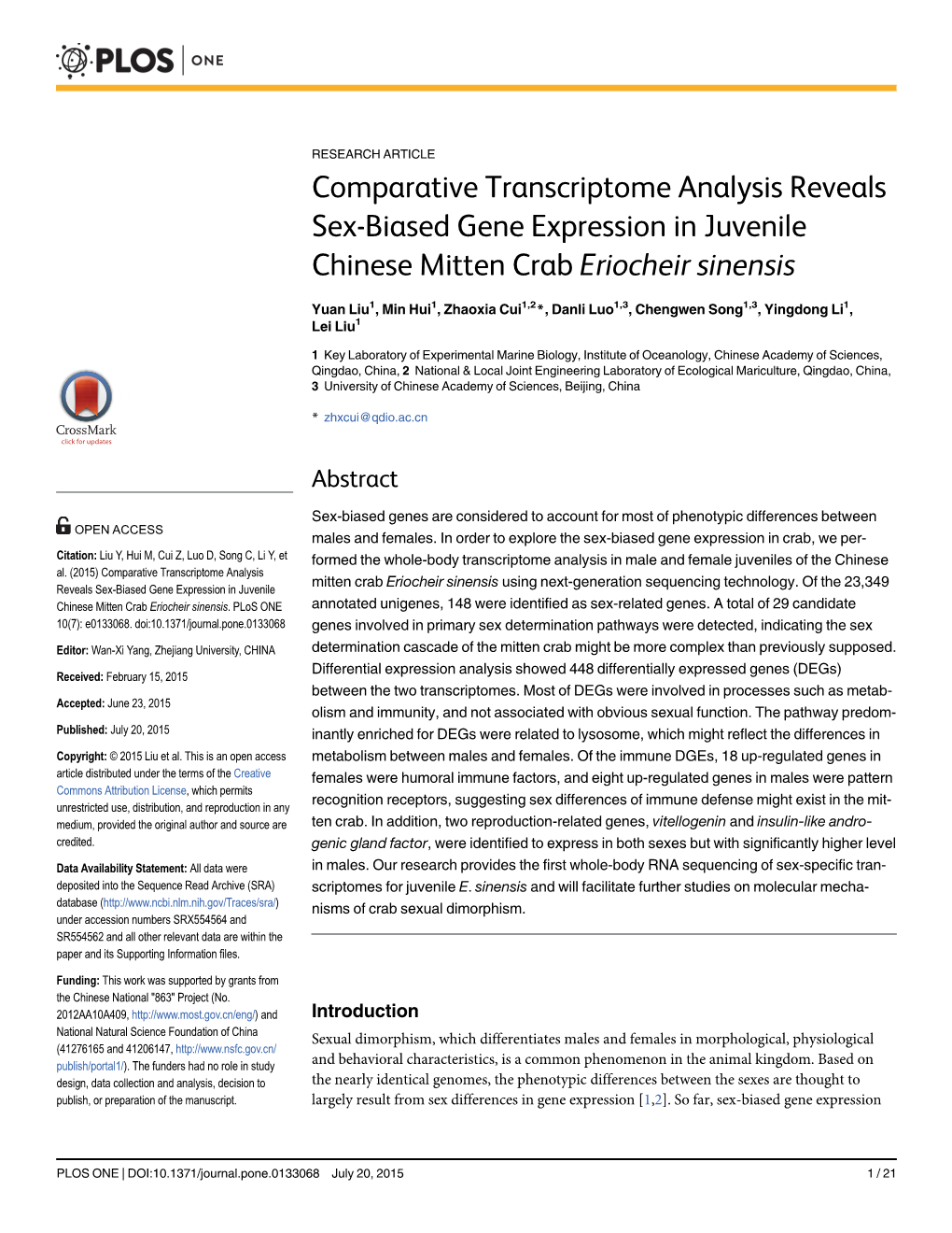 Comparative Transcriptome Analysis Reveals Sex-Biased Gene Expression in Juvenile Chinese Mitten Crab Eriocheir Sinensis