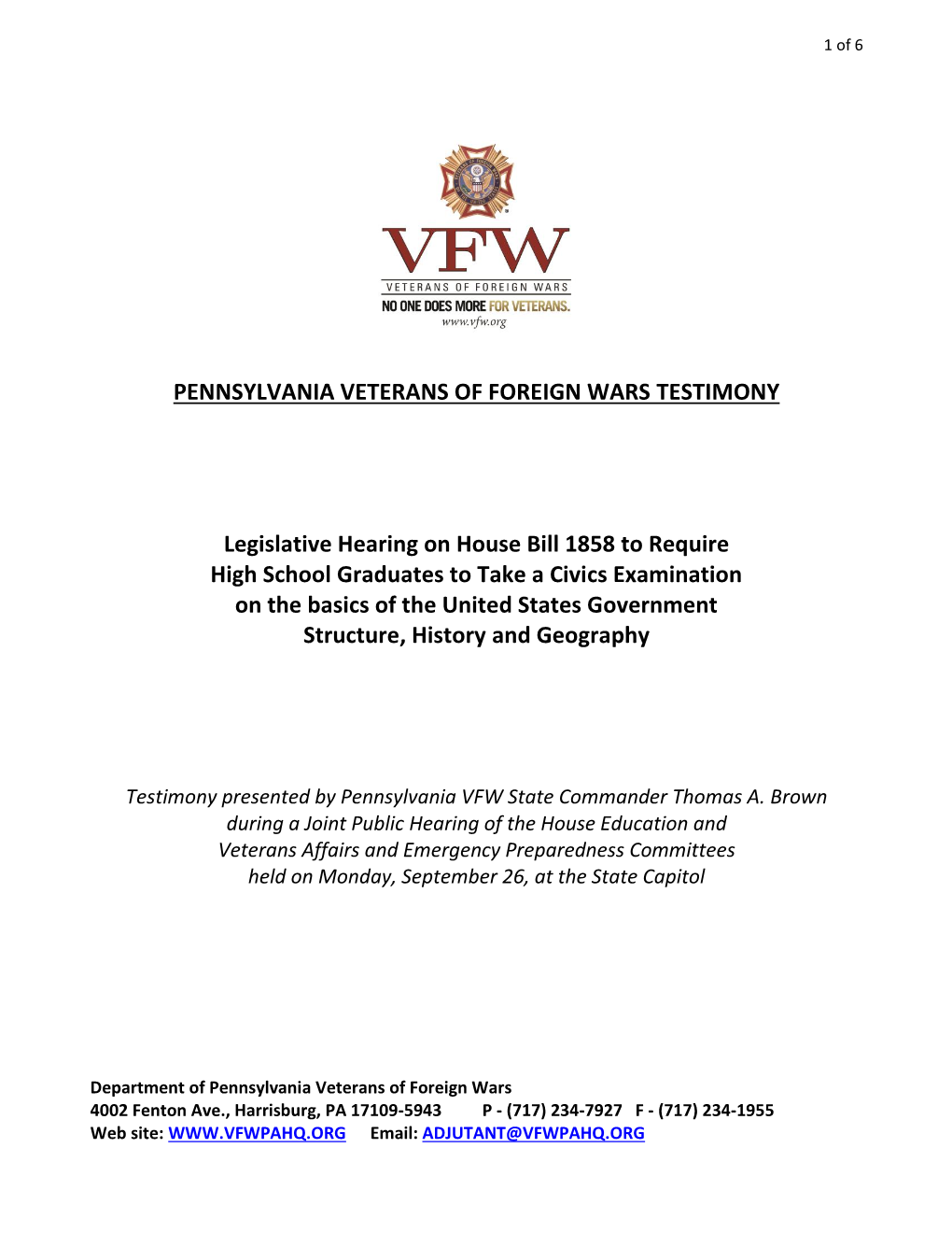 Pennsylvania Veterans of Foreign Wars Testimony