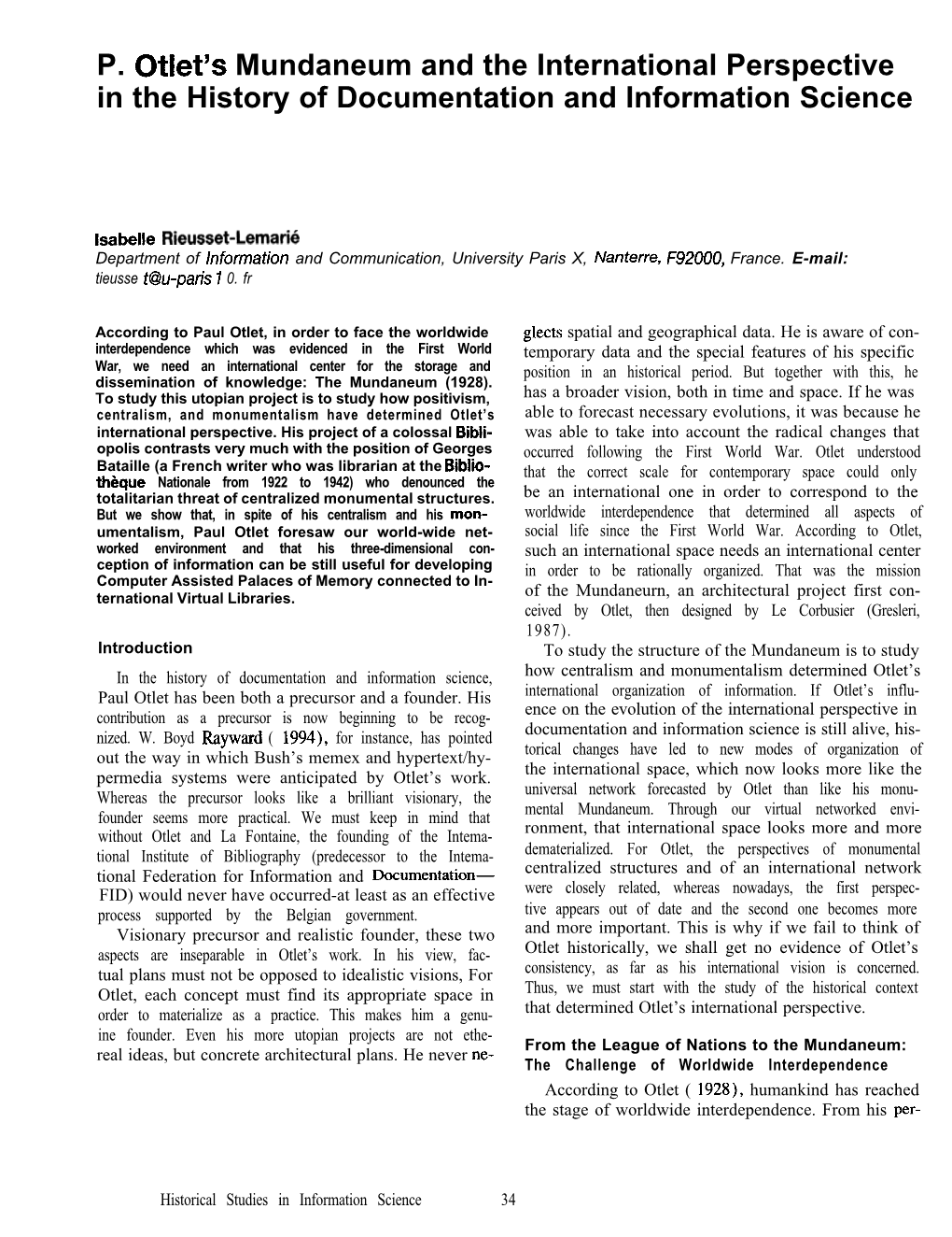 P. Wet's Mundaneum and the International Perspective in the History of Documentation and Information Science