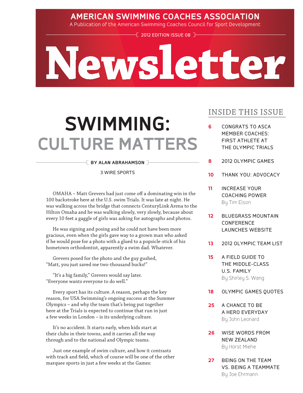 Swimming: 6 Congrats to Asca Member Coaches: First Athlete at Culture Matters the Olympic Trials