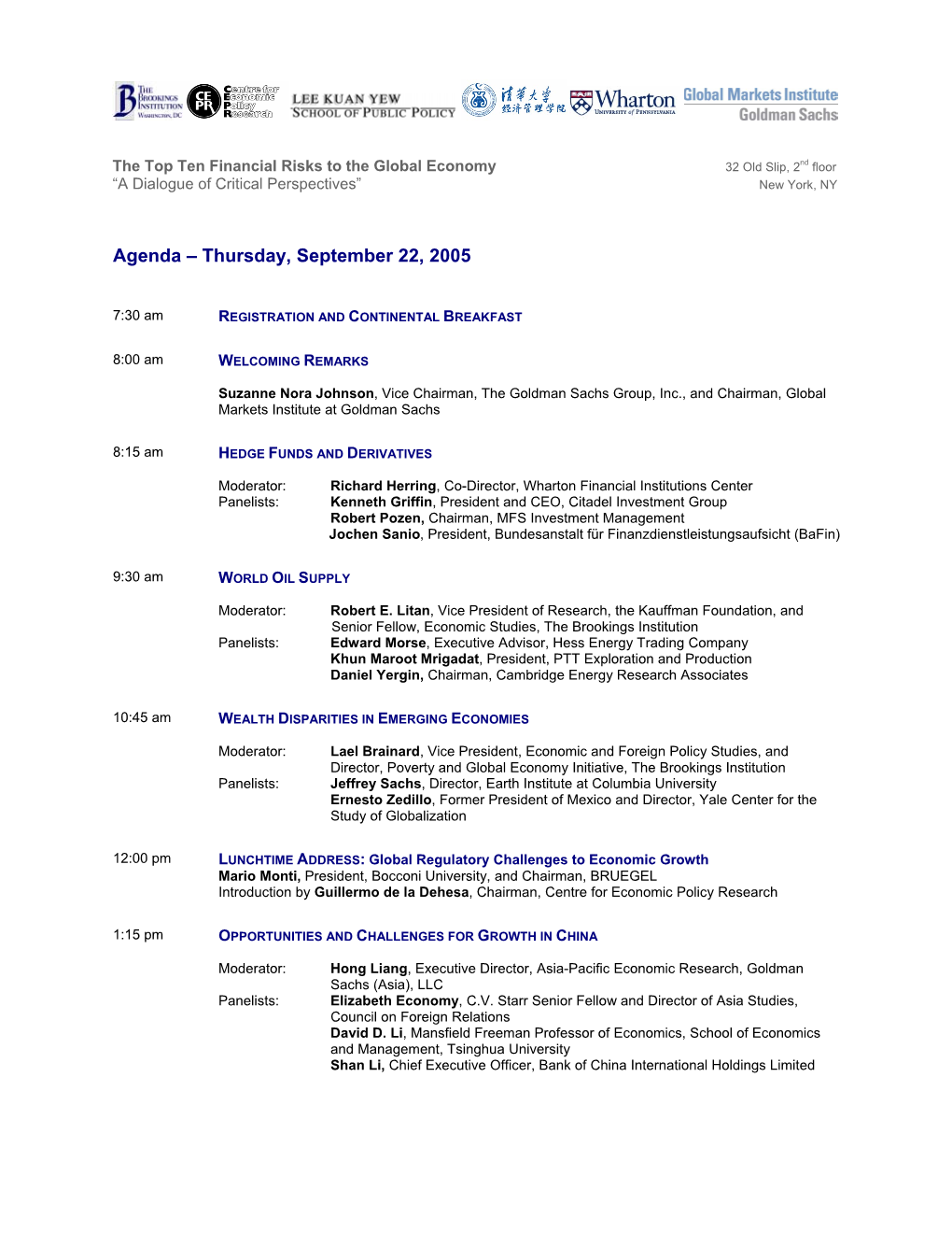 Agenda – Thursday, September 22, 2005