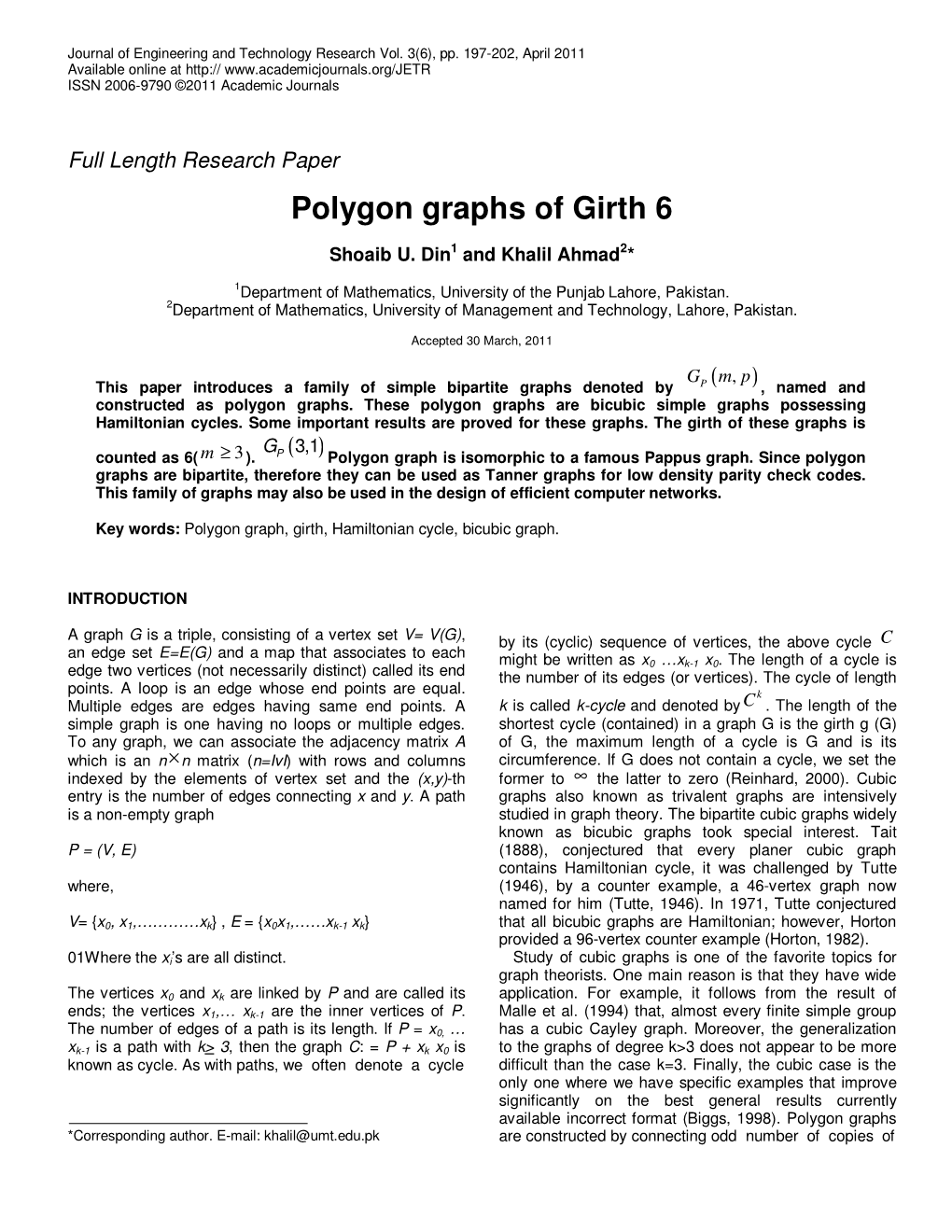 Polygon Graphs of Girth 6