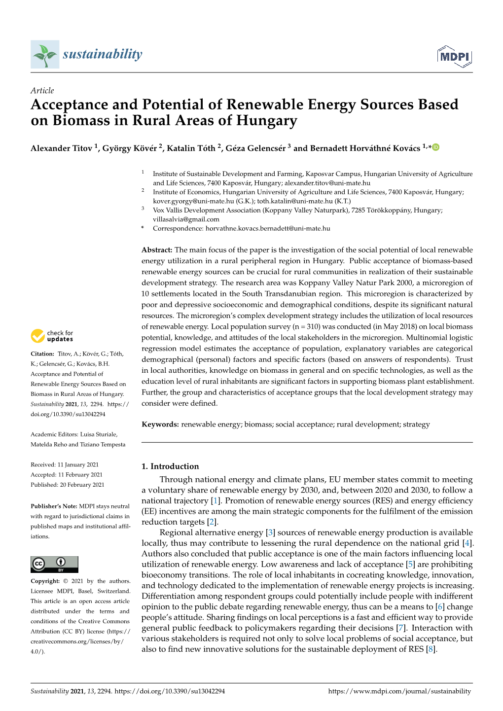 Acceptance and Potential of Renewable Energy Sources Based on Biomass in Rural Areas of Hungary