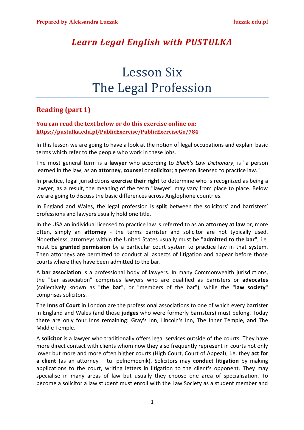 Lesson Six the Legal Profession