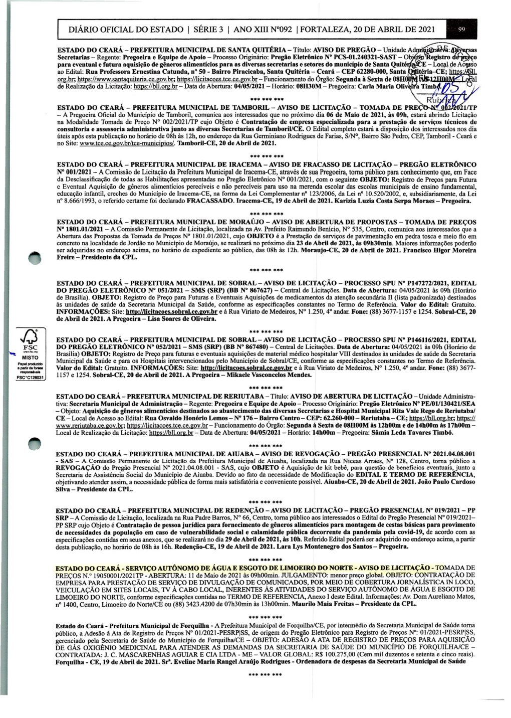 Diário Oficial Do Estado I Série 3 I Ano Xiii N°092 I Fortaleza, 20 De Abril De 2021