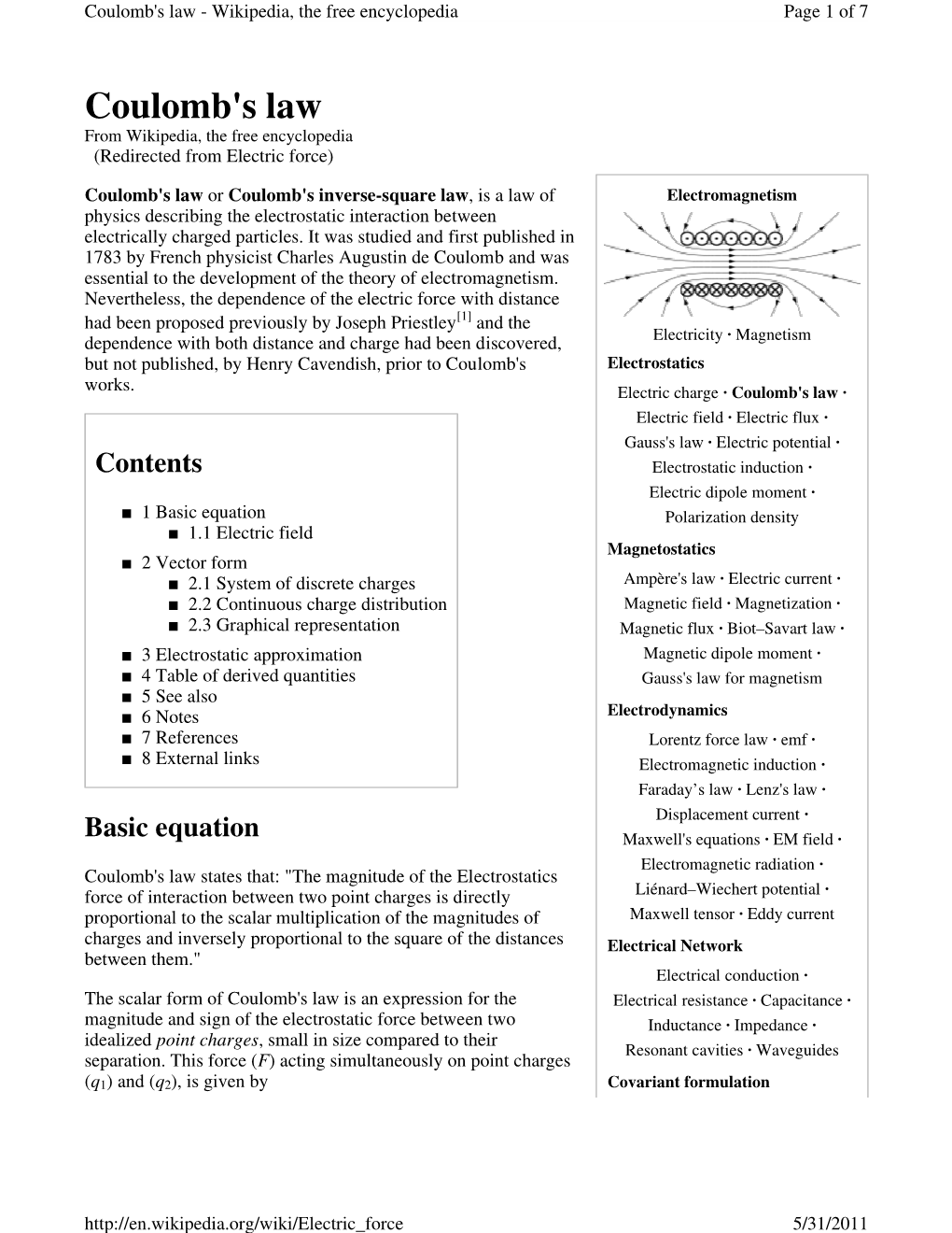 Coulomb's Law - Wikipedia, the Free Encyclopedia Page 1 of 7