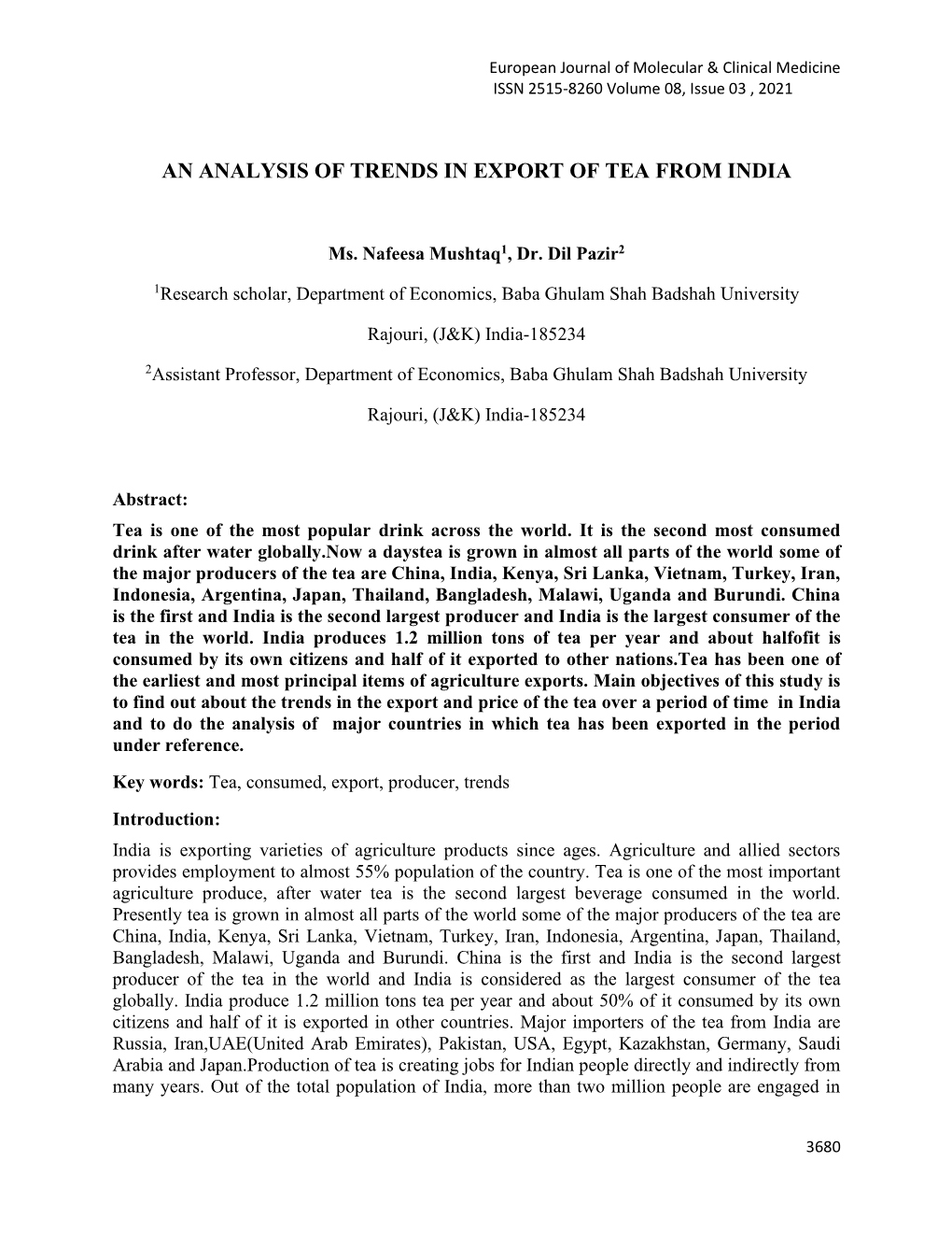 An Analysis of Trends in Export of Tea from India