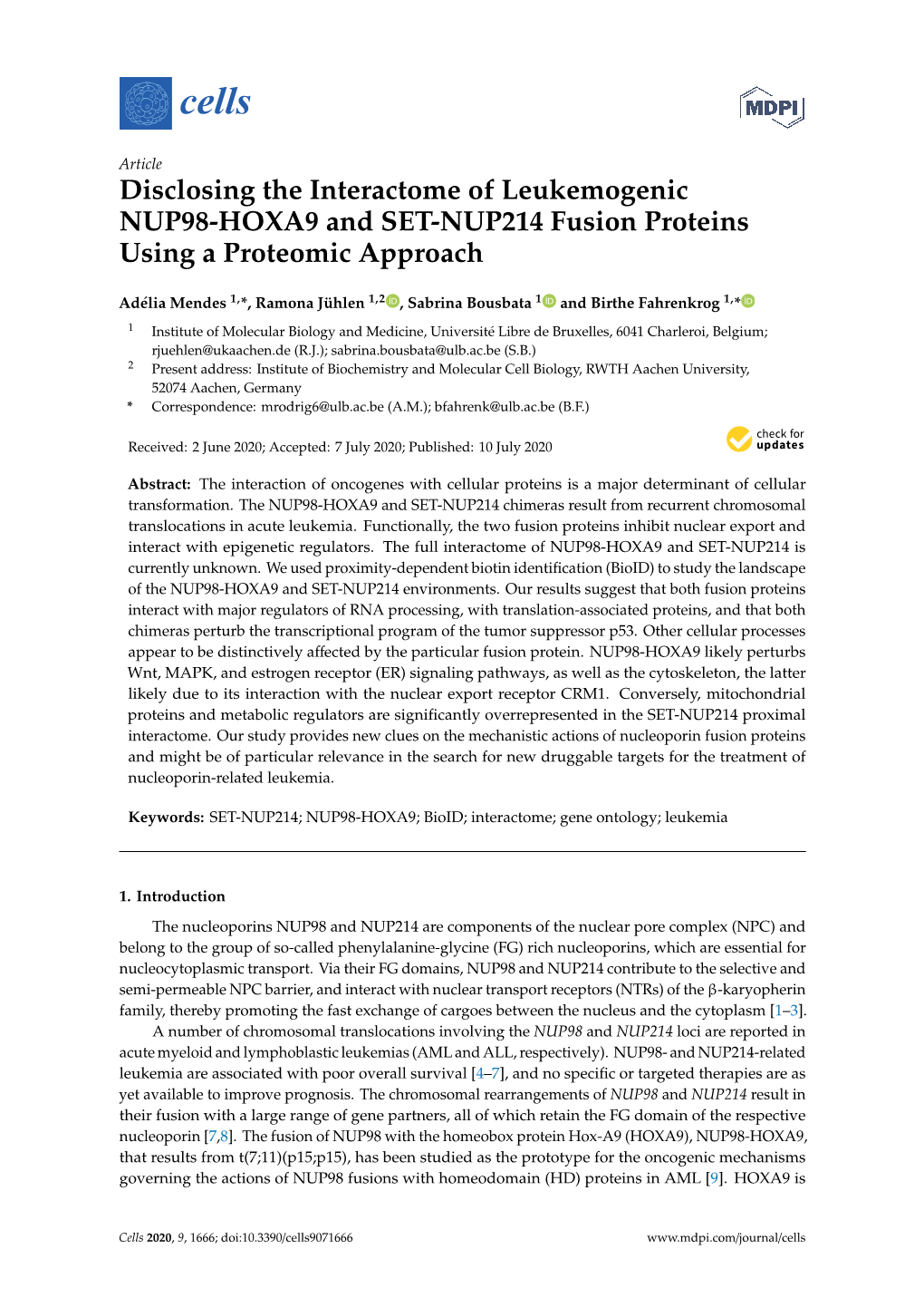 Disclosing the Interactome of Leukemogenic NUP98-HOXA9 and SET-NUP214 Fusion Proteins Using a Proteomic Approach