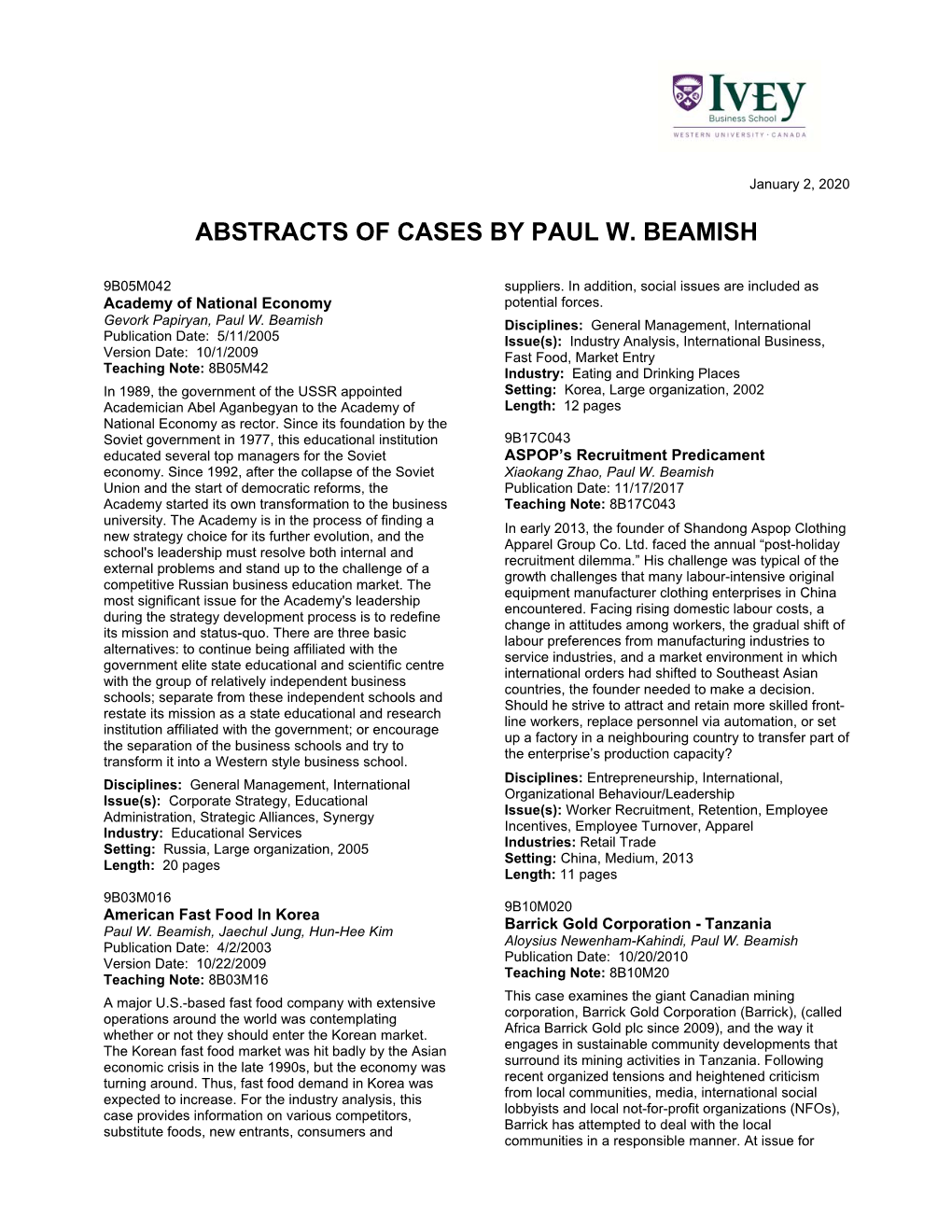 Abstracts of Cases by Paul W. Beamish