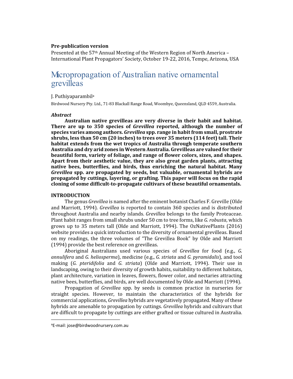 Micropropagation of Australian Native Ornamental Grevilleas