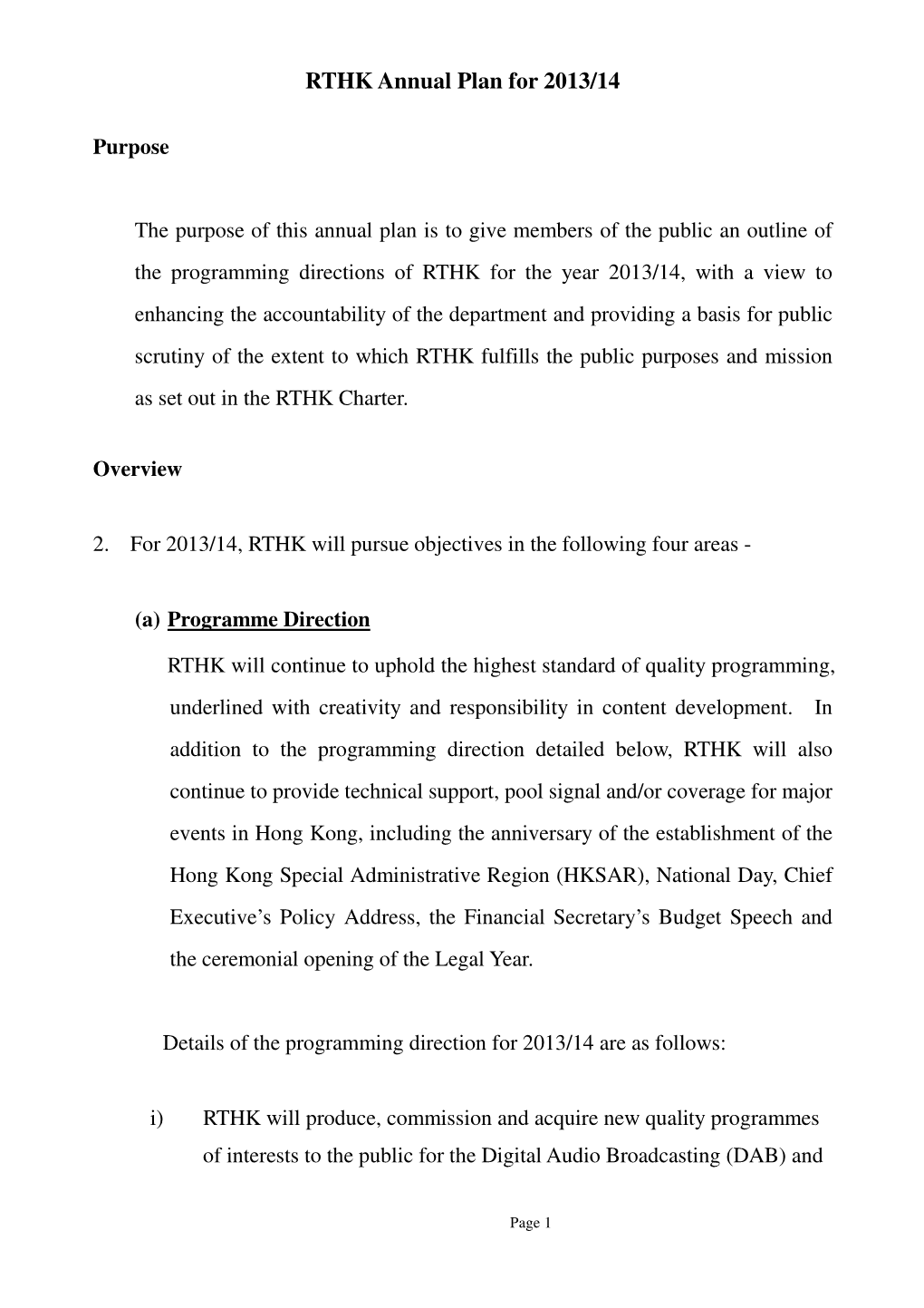 RTHK Annual Plan for 2013/14