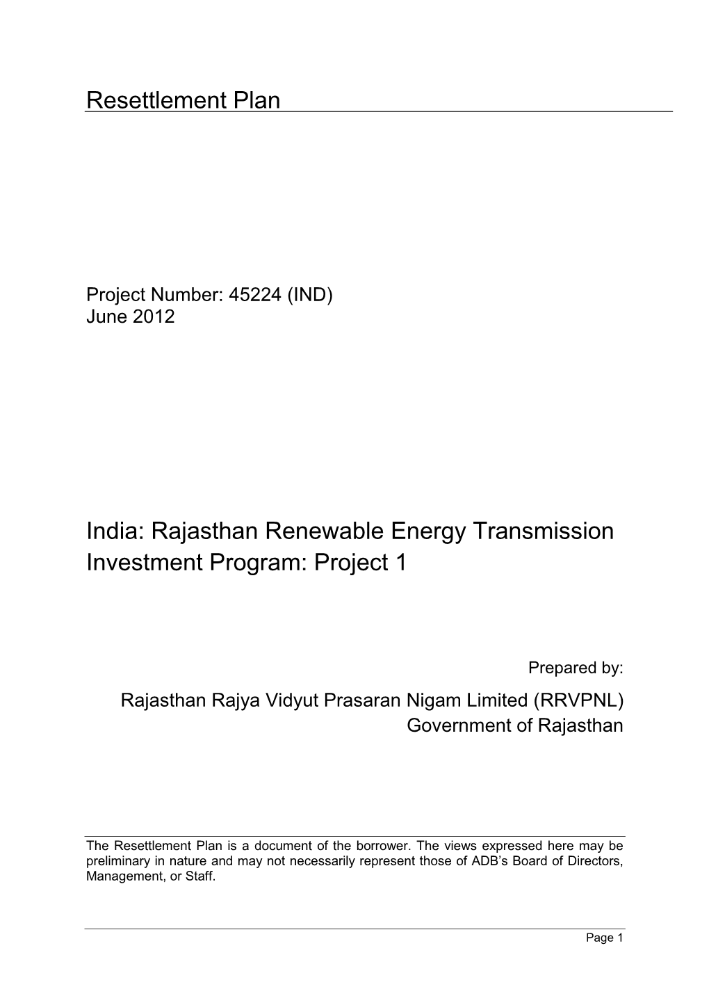 Resettlement Plan India: Rajasthan Renewable Energy Transmission