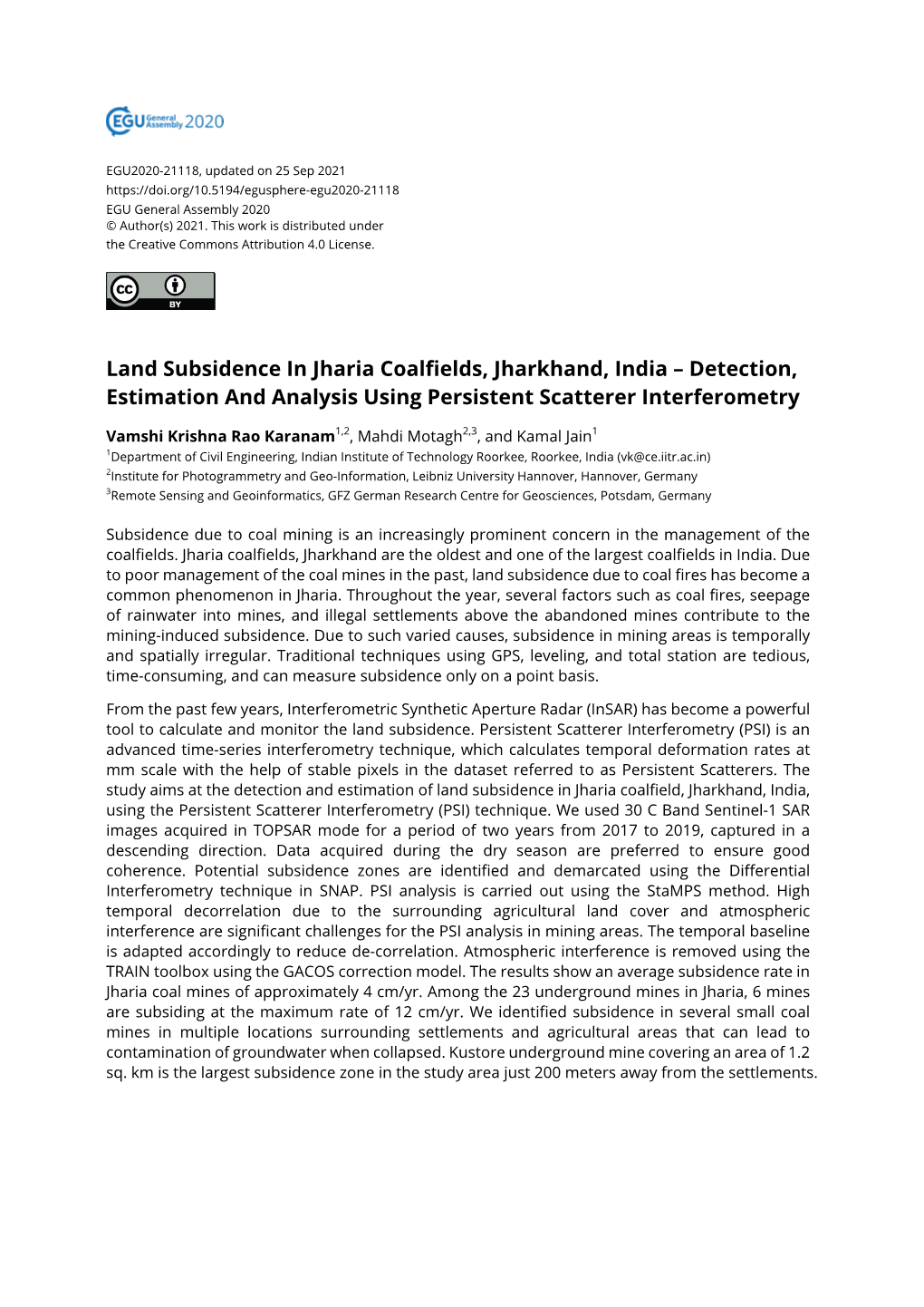 Land Subsidence in Jharia Coalfields, Jharkhand, India – Detection, Estimation and Analysis Using Persistent Scatterer Interferometry