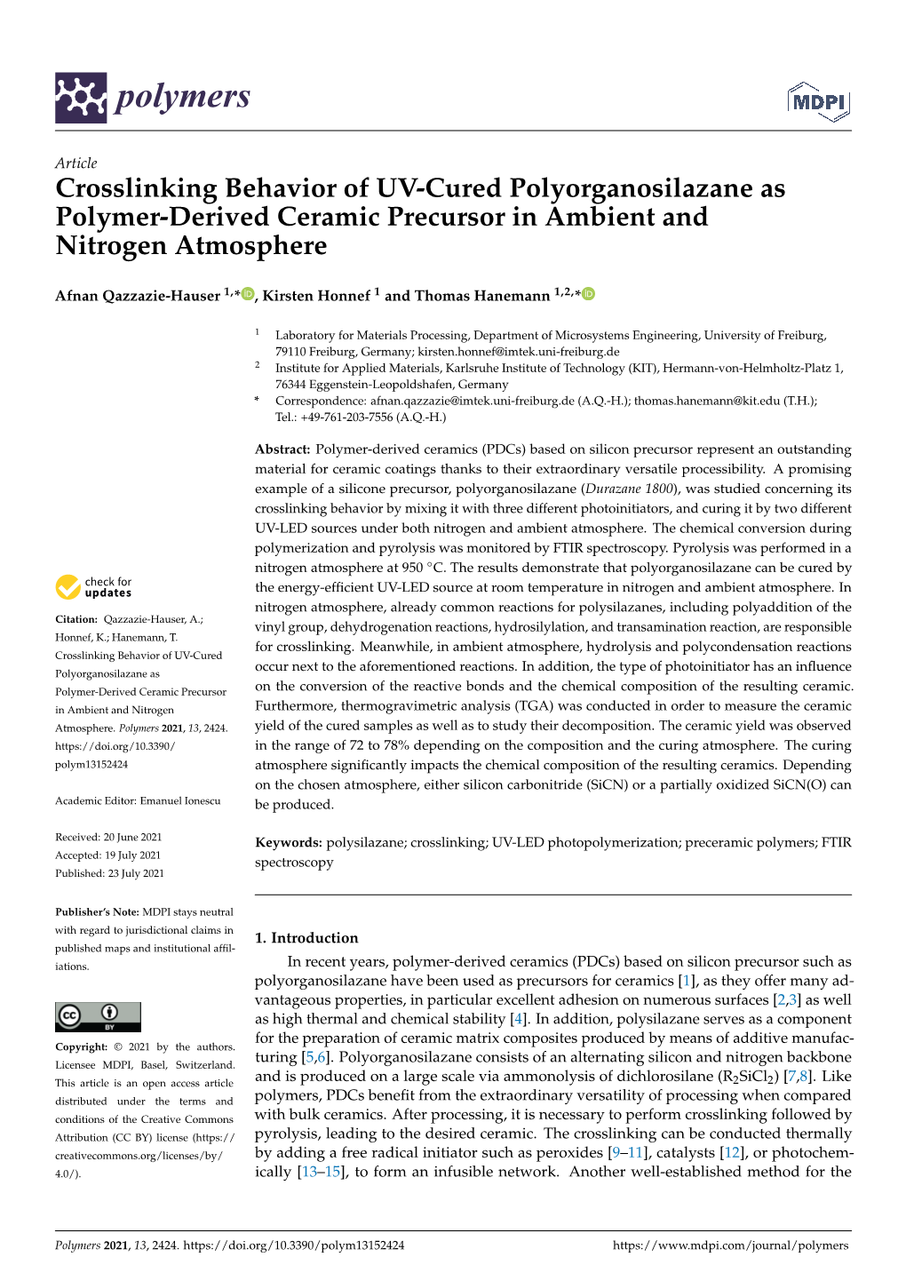 Crosslinking Behavior of UV-Cured Polyorganosilazane As Polymer-Derived Ceramic Precursor in Ambient and Nitrogen Atmosphere