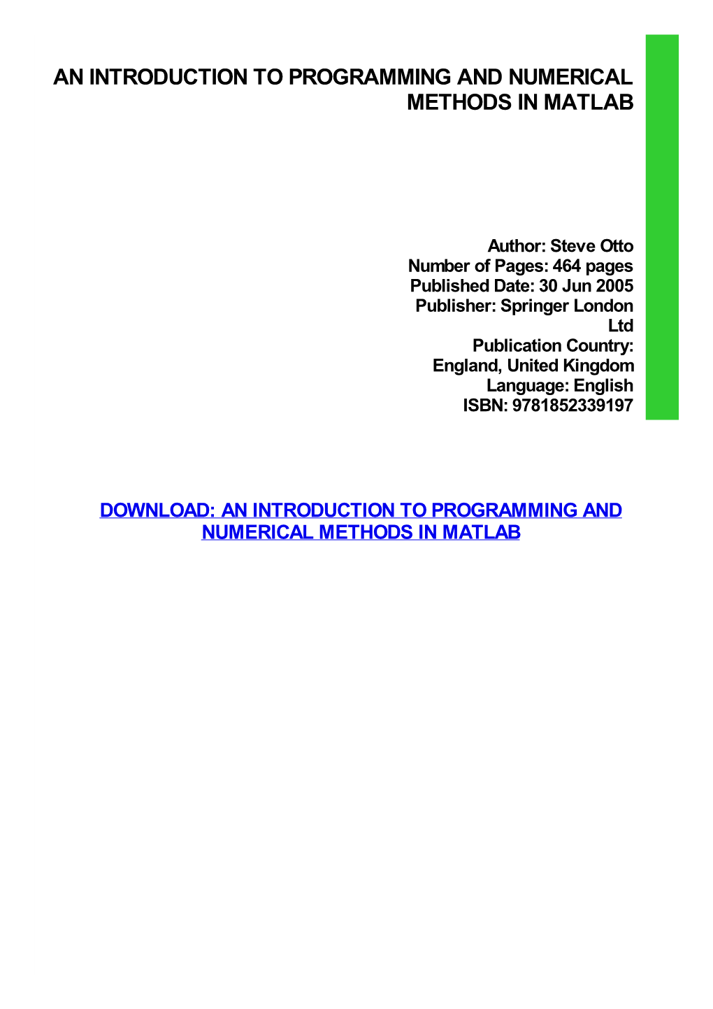 An Introduction to Programming and Numerical Methods in Matlab