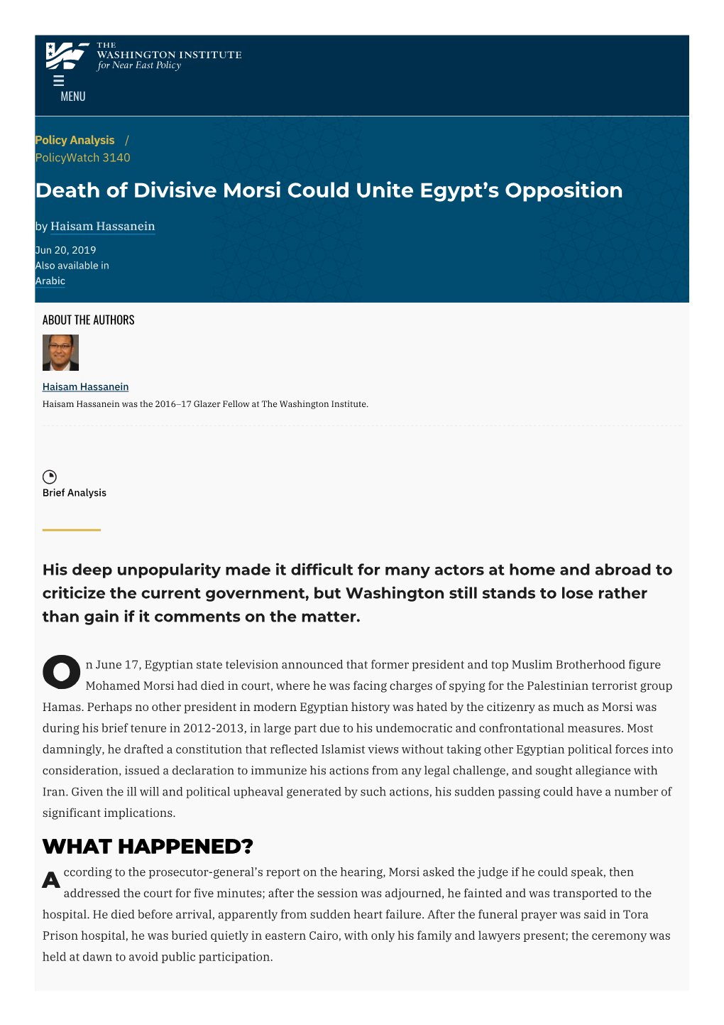 Death of Divisive Morsi Could Unite Egypt's