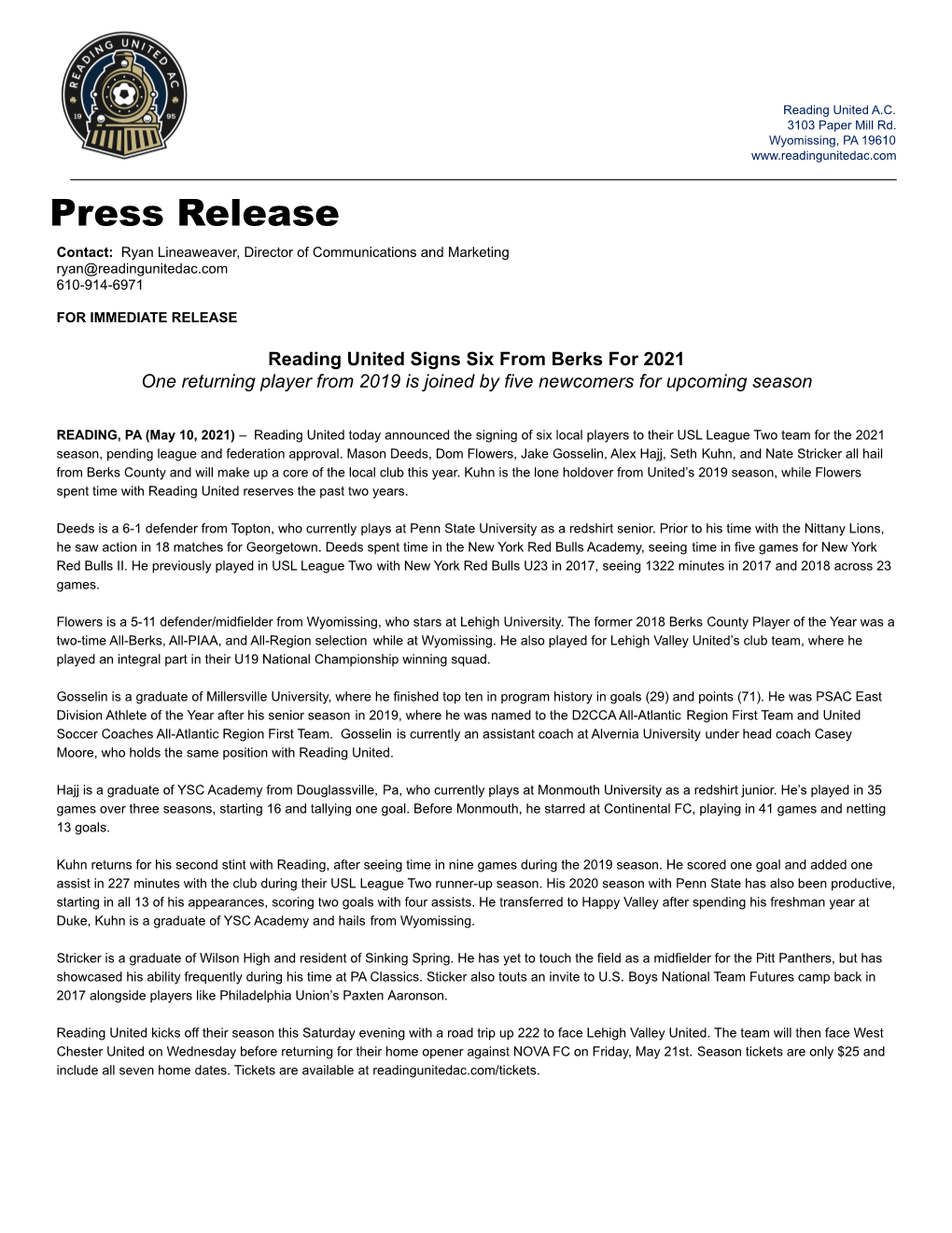 Press Release Contact: Ryan Lineaweaver, Director of Communications and Marketing Ryan@Readingunitedac.Com 610-914-6971