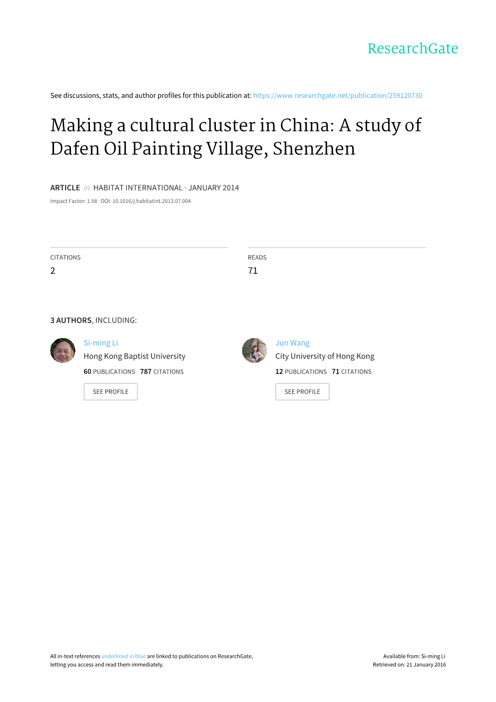 Making a Cultural Cluster in China: a Study of Dafen Oil Painting Village, Shenzhen
