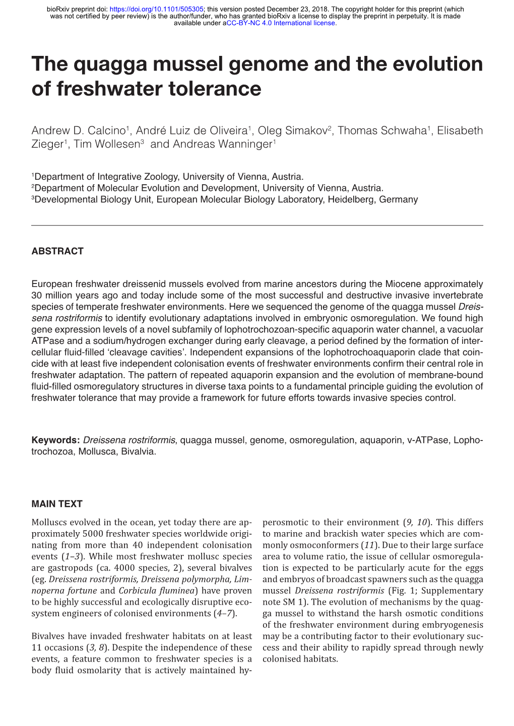 The Quagga Mussel Genome and the Evolution of Freshwater Tolerance