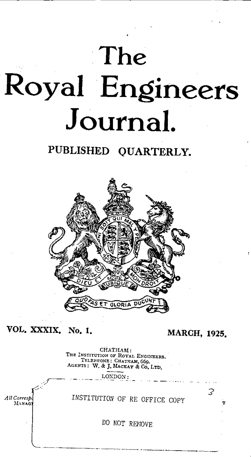 Royal Engineers Journal. PUBLISHED QUARTERLY