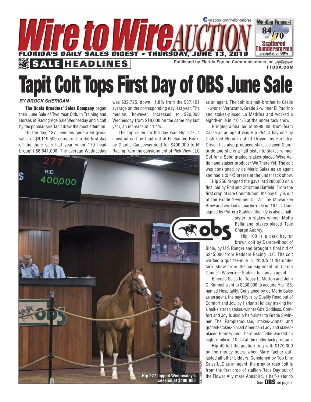 Tapit Colt Tops First Day of OBS June Sale Was $32,725, Down 11.8% from the $37,101 As an Agent