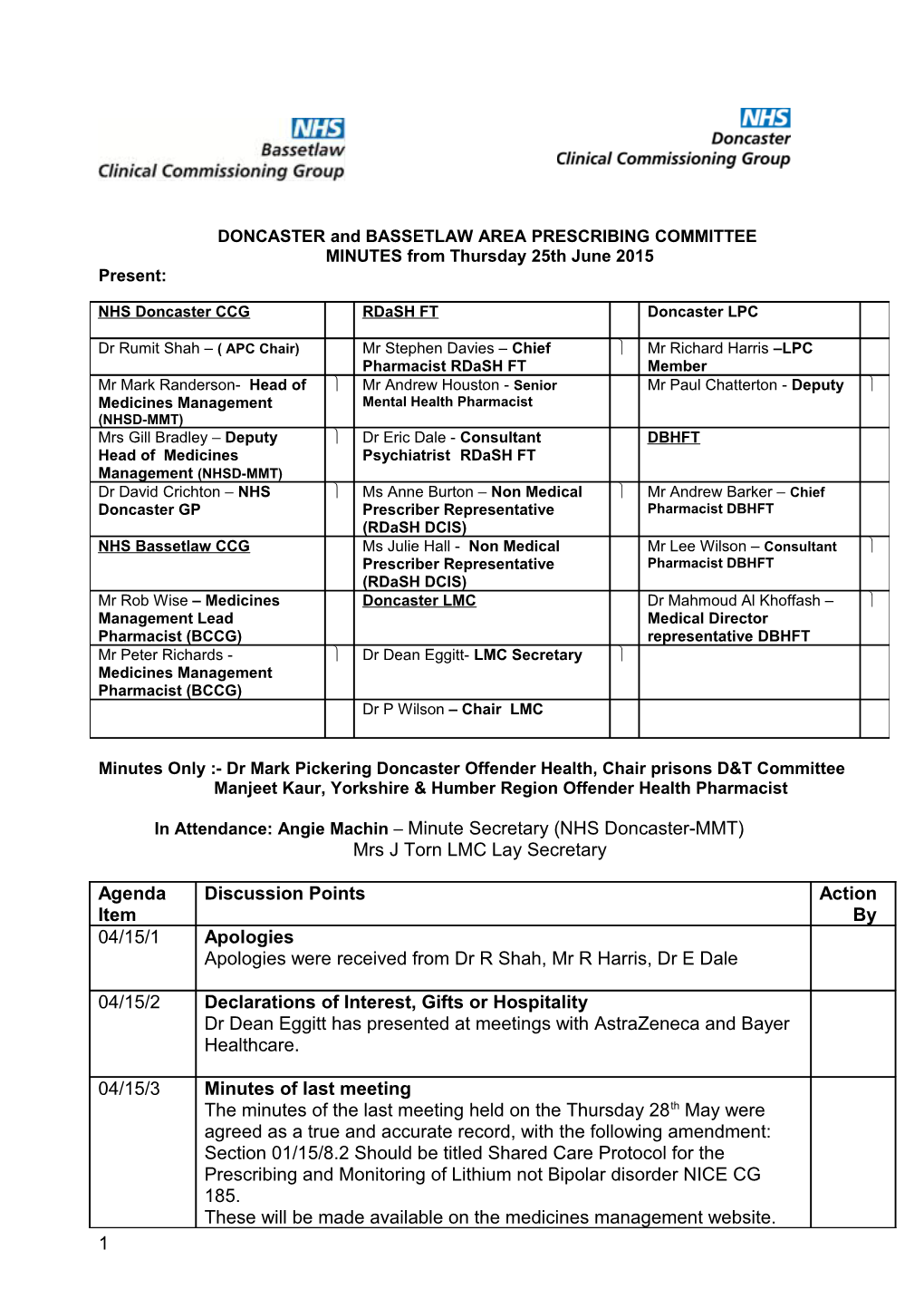 DONCASTER and BASSETLAW AREA PRESCRIBING COMMITTEE