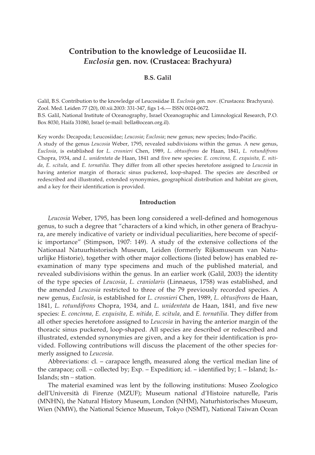 Contribution to the Knowledge of Leucosiidae II. Euclosia Gen. Nov. (Crustacea: Brachyura)
