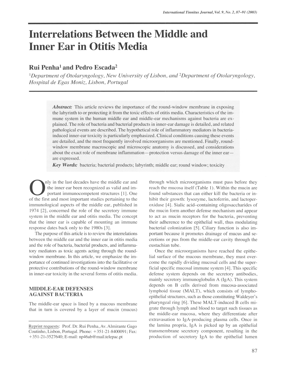 Interrelations Between the Middle and Inner Ear in Otitis Media