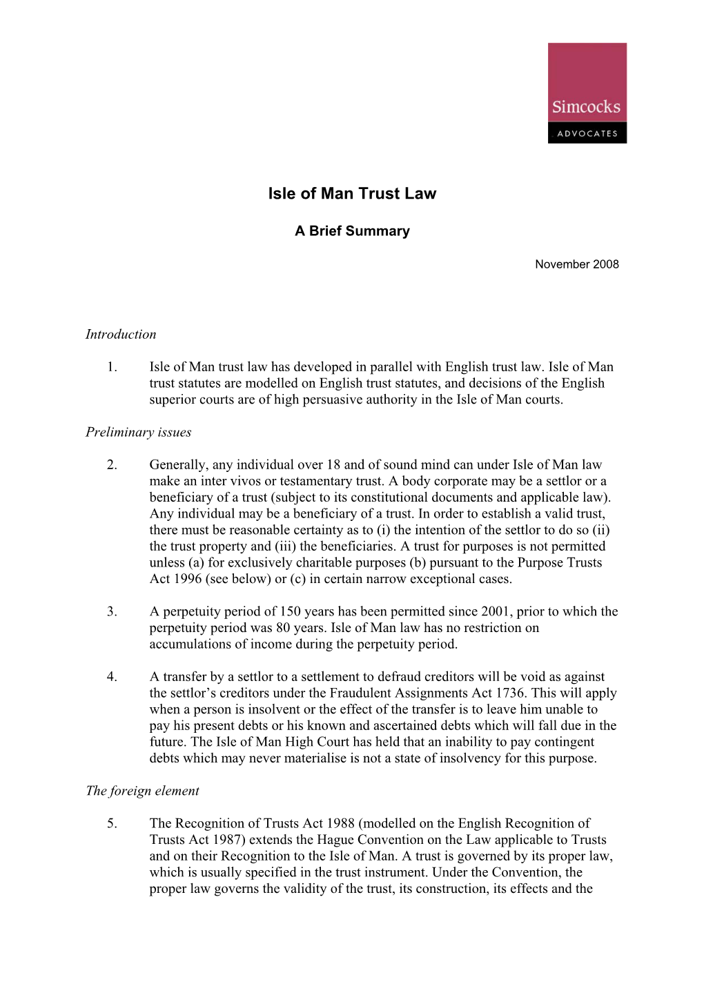 Isle of Man Trust Law – a Brief Summary