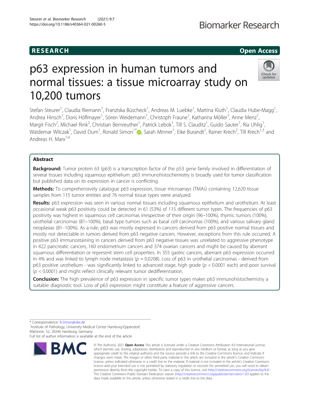 P63 Expression in Human Tumors and Normal Tissues: a Tissue Microarray Study on 10,200 Tumors Stefan Steurer1, Claudia Riemann1, Franziska Büscheck1, Andreas M