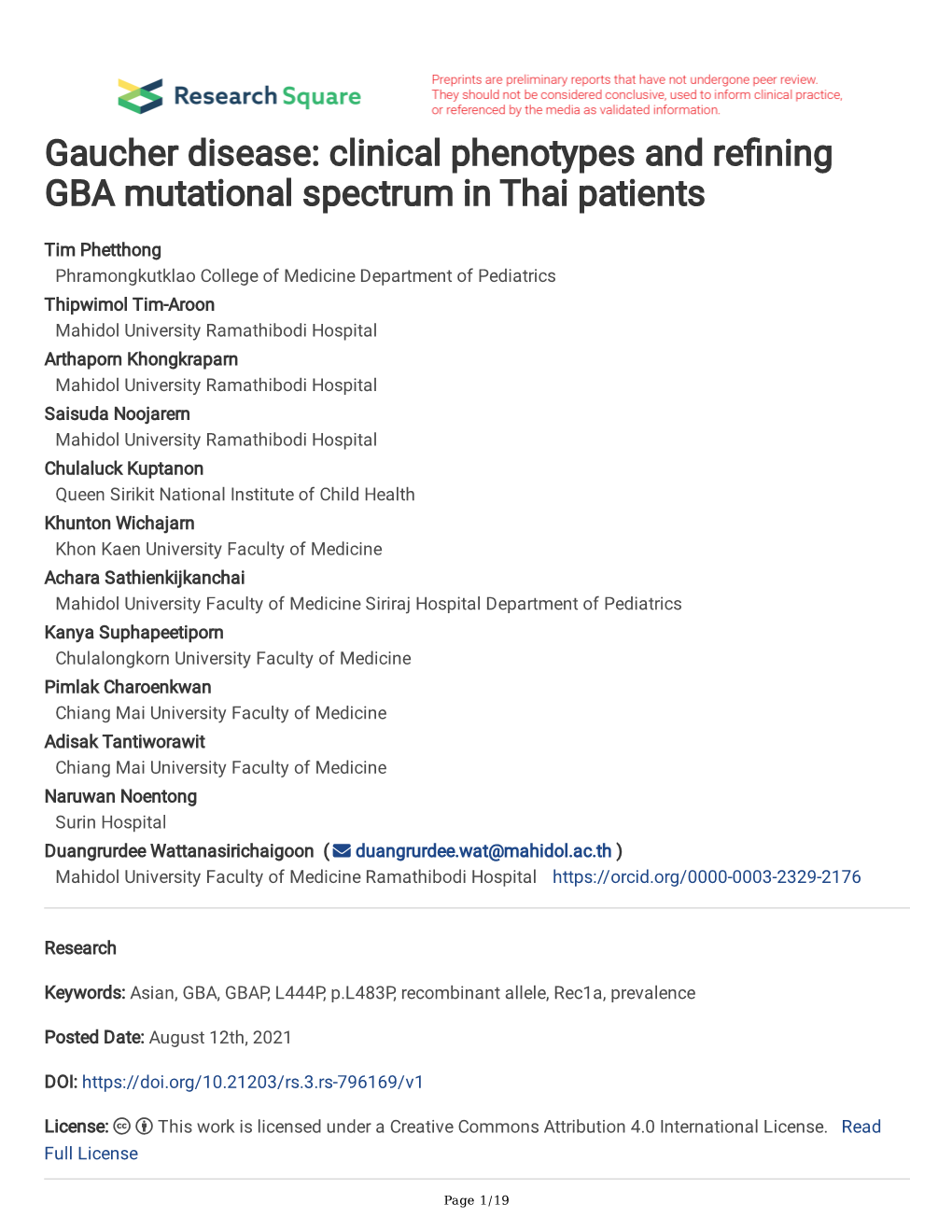 Clinical Phenotypes and Re Ning GBA Mutational Spectrum in Thai Patients