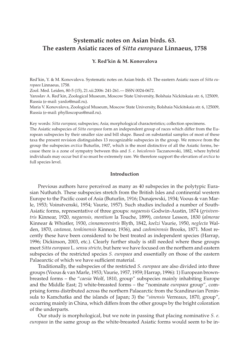 Systematic Notes on Asian Birds. 63. the Eastern Asiatic Races of Sitta Europaea Linnaeus, 1758