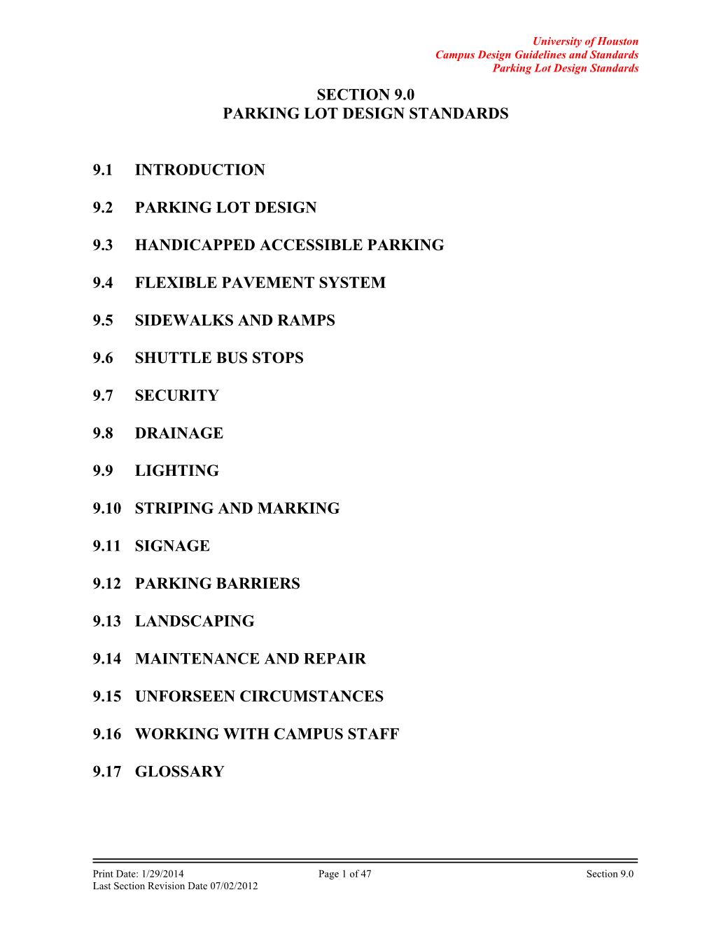 Parking Lot Design Standards SECTION 9.0 PARKING LOT DESIGN STANDARDS