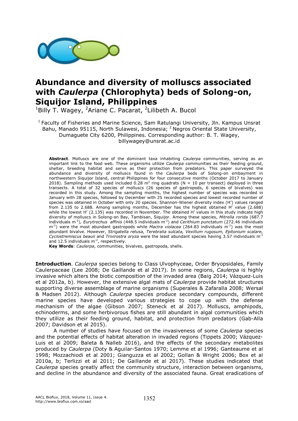 Abundance and Diversity of Molluscs Associated with Caulerpa (Chlorophyta) Beds of Solong-On, Siquijor Island, Philippines 1Billy T