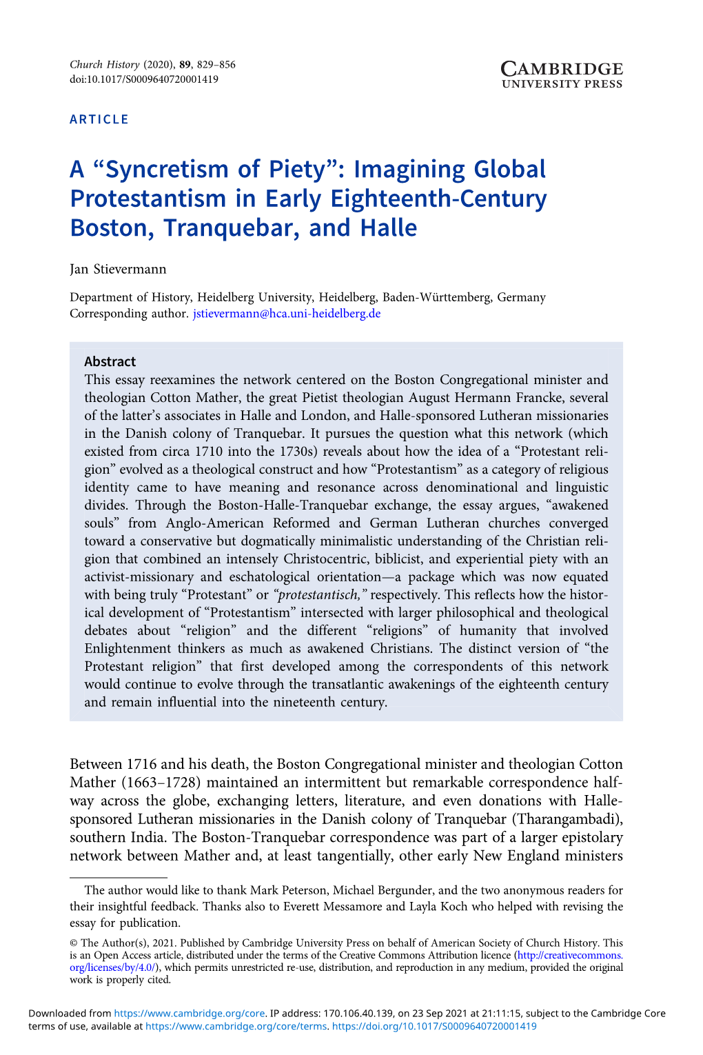 A “Syncretism of Piety”: Imagining Global Protestantism in Early Eighteenth-Century Boston, Tranquebar, and Halle