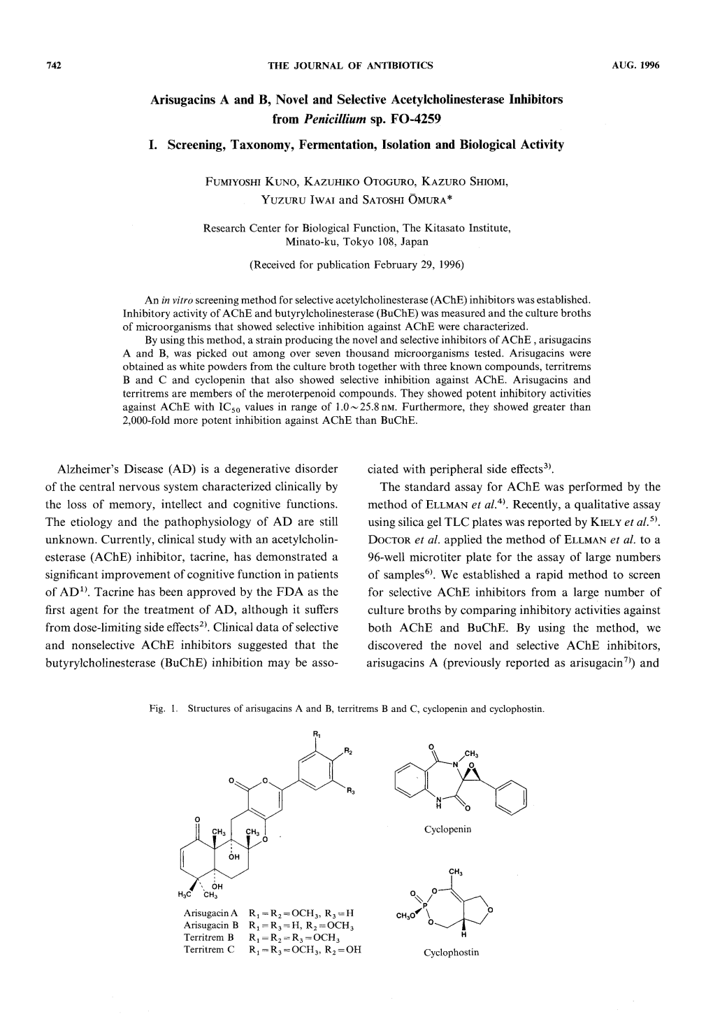 Arisugacins Aand B, Novel and Selective Acetylcholinesterase