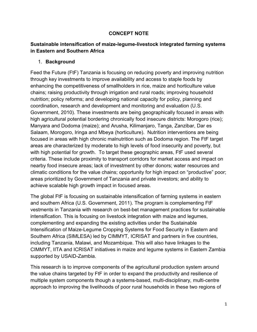 Project 1: Promoting Maize-Legume-Livestock Integrated Systems For The Sustainable Intensification Of Farming Systems In Eastern And Southern Africa: Draft Outline And Sharing Of Tasks Among Partners