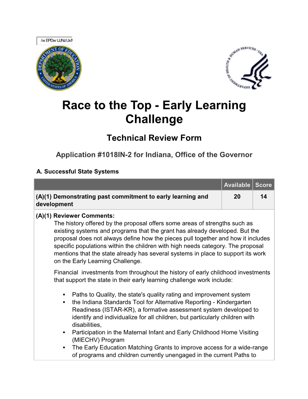 Score Sheet for Phase 3, Race to the Top-Early Learning Challenge, Application for Initial