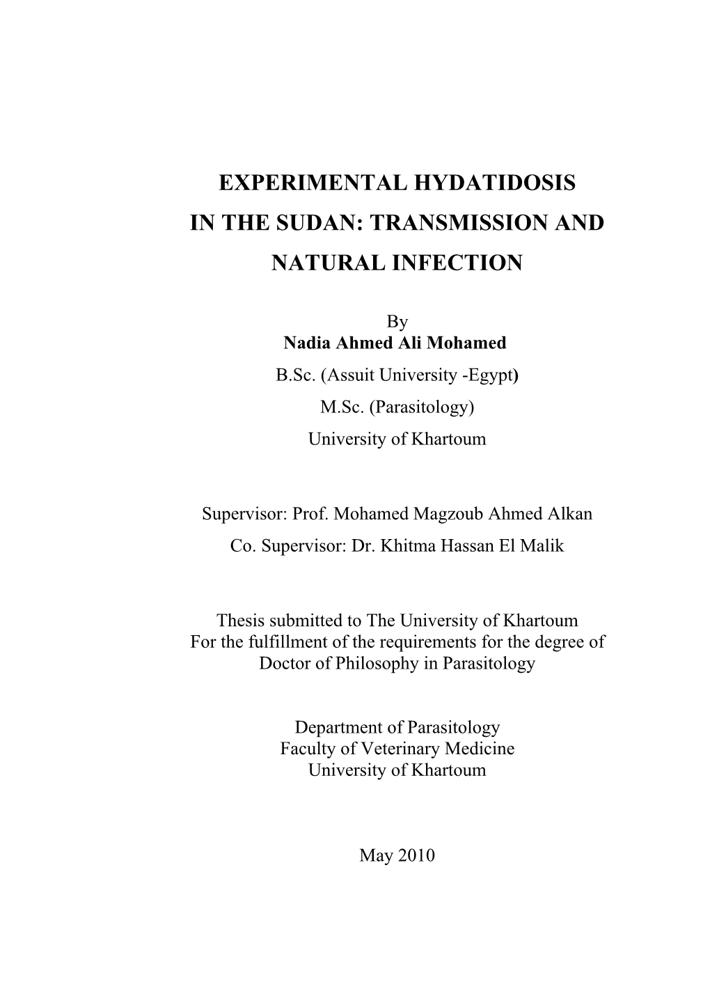 Experimental Hydatidosis in the Sudan: Transmission and Natural Infection