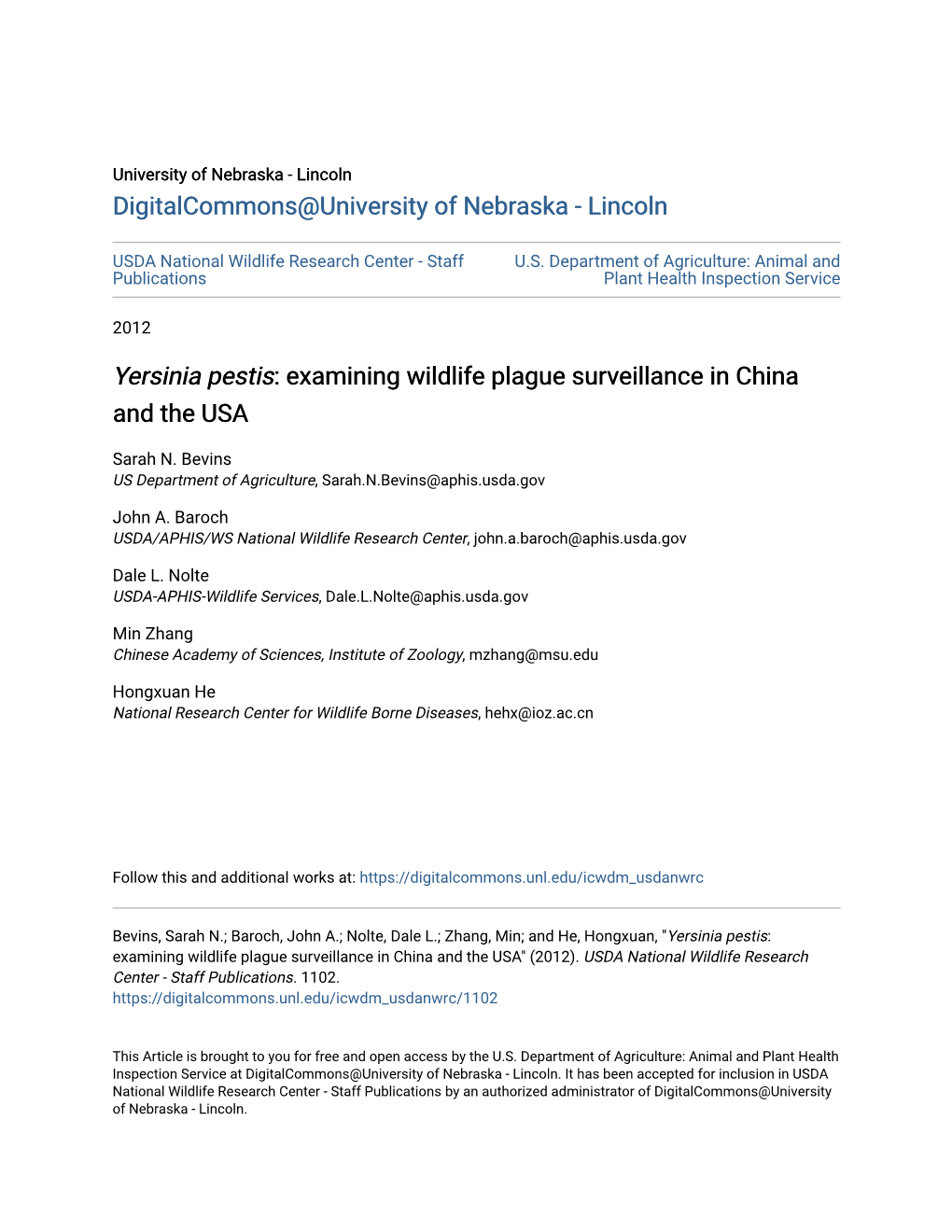 <I>Yersinia Pestis</I>: Examining Wildlife Plague Surveillance in China and The