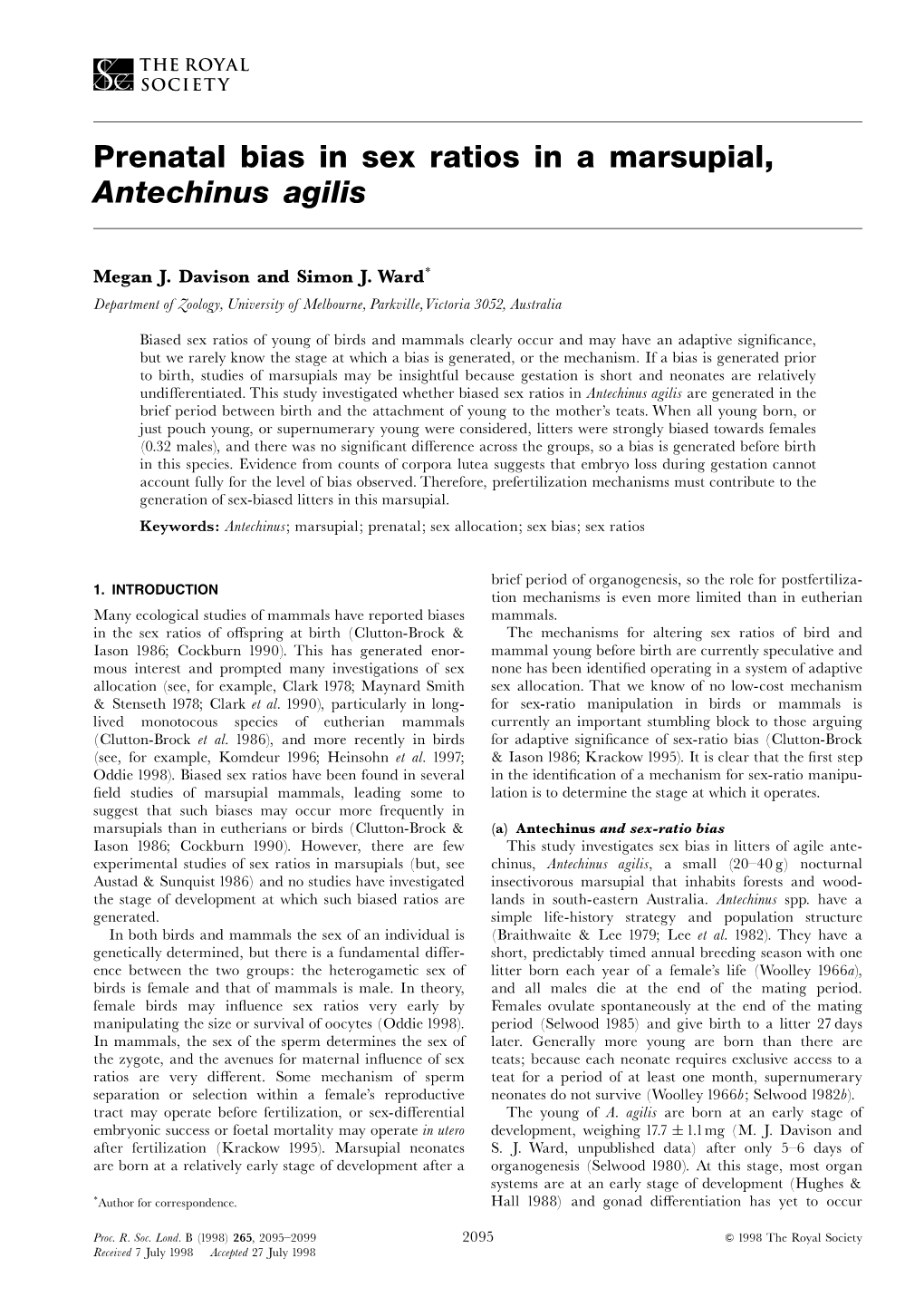 Prenatal Bias in Sex Ratios in a Marsupial, Antechinus Agilis