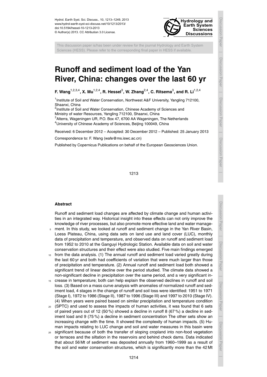 Runoff and Sediment Load of the Yan River, China: Changes Over the Last