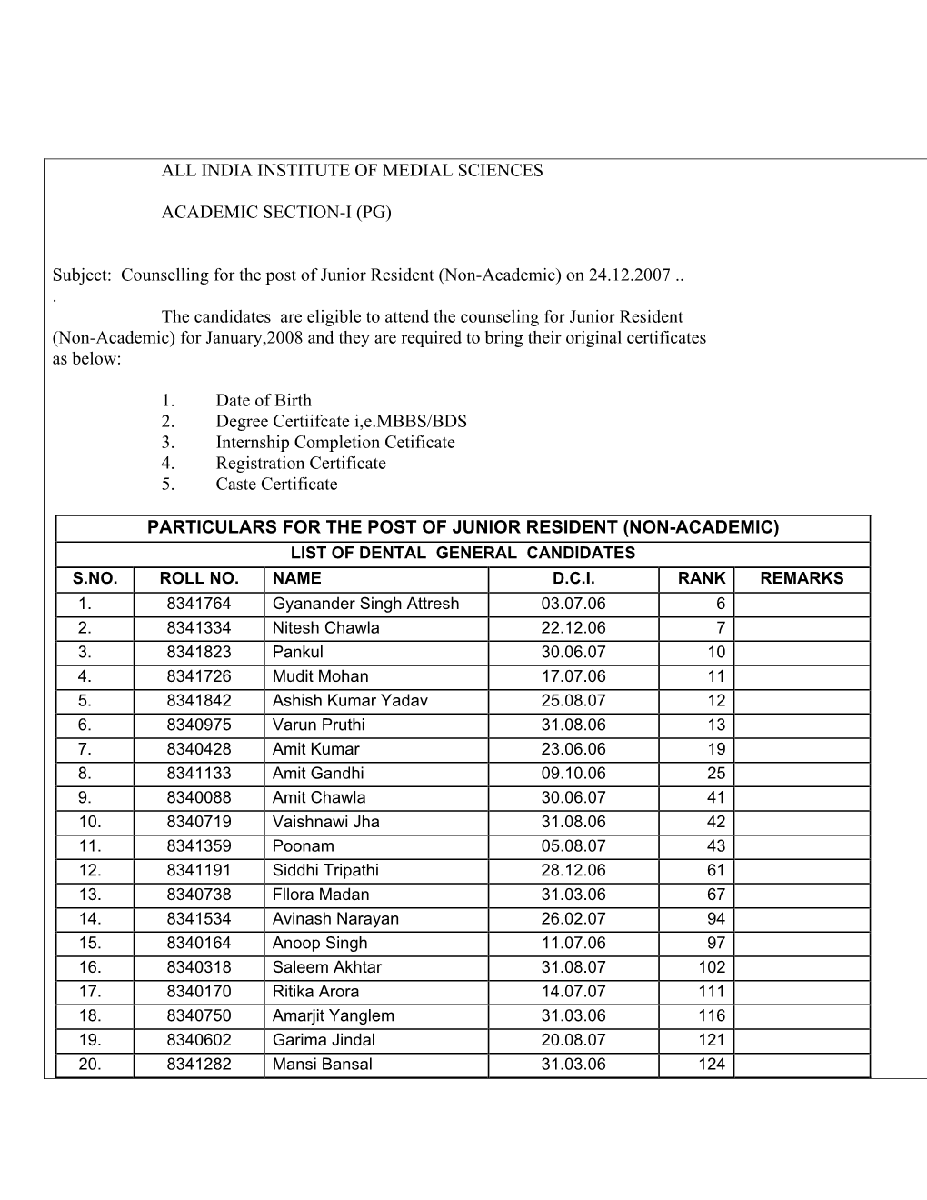 (PG) Subject: Counselling for the Post of Junior Resident (Non-Academ