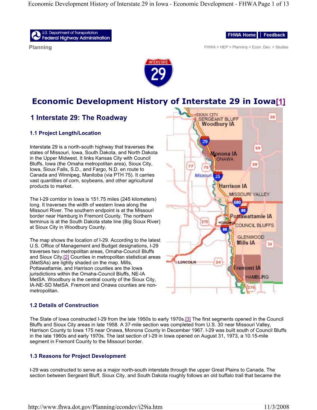 Economic Development History of Interstate 29 in Iowa[1]