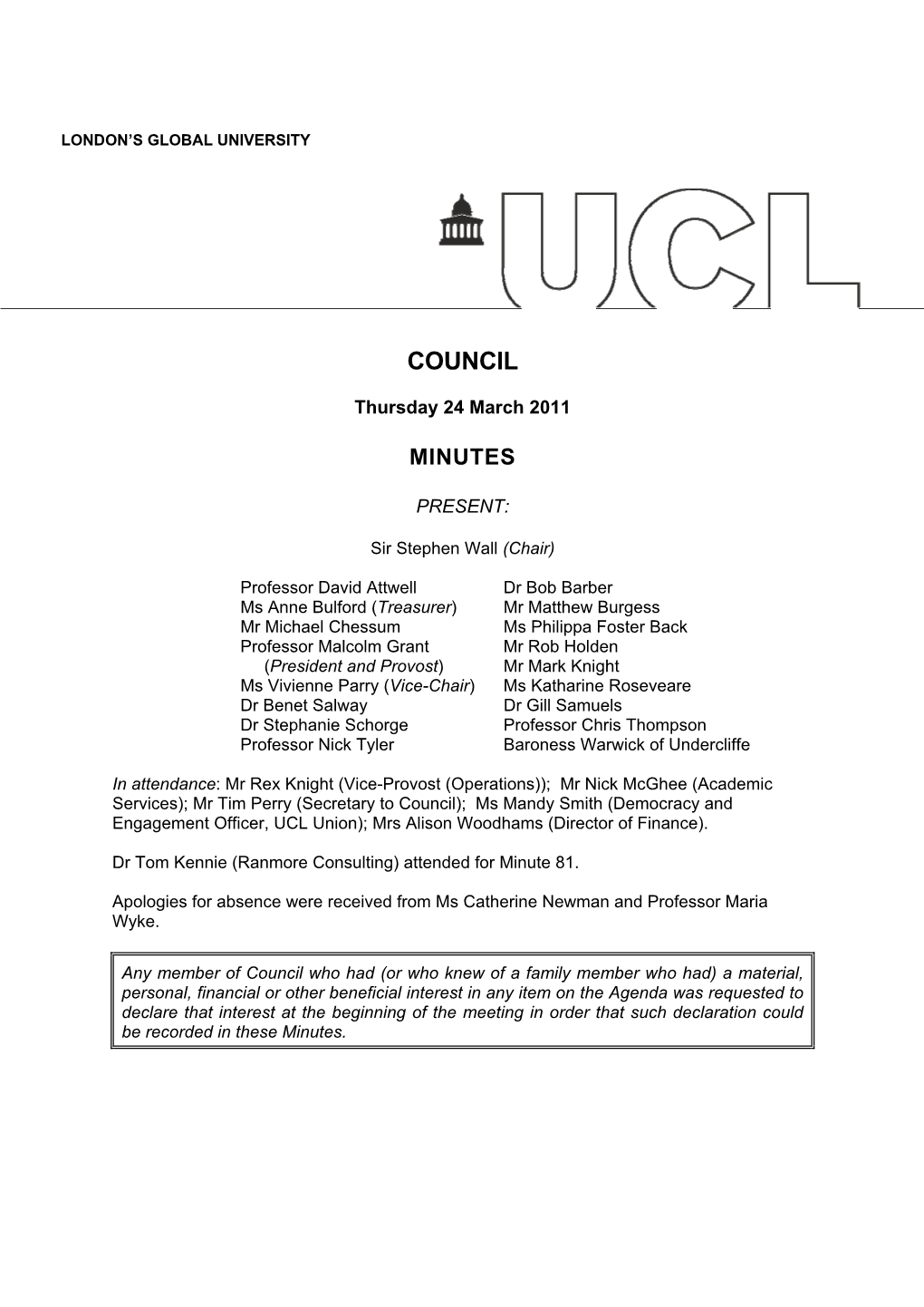 Download UCL Council Minutes from 24 March 2011